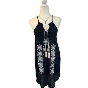 Star Mela Embroidered Black Boho Midi Dress Cotton Festival Size M